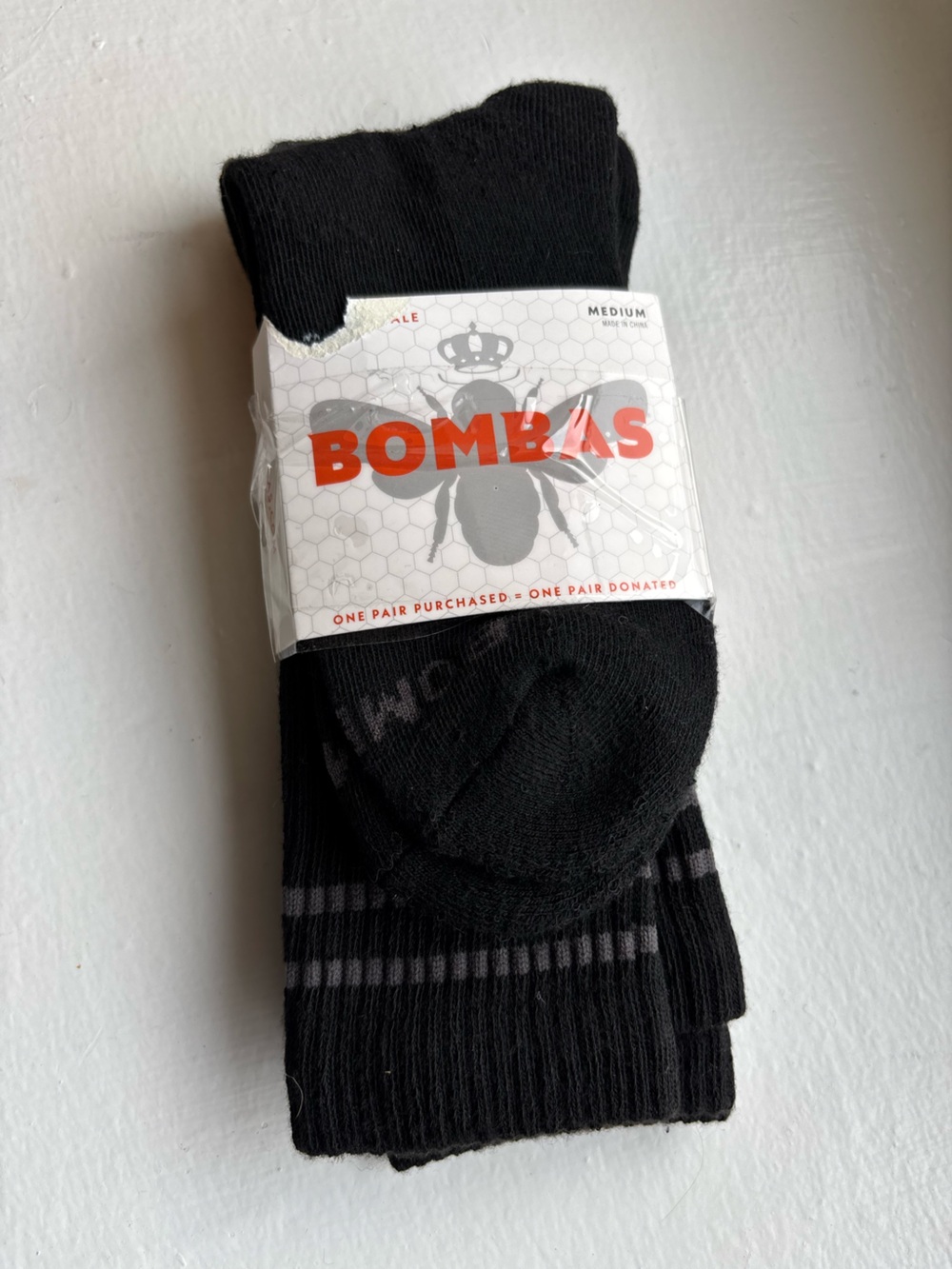 Bombas Men's Black Crew Socks with Gray Stripe Accents